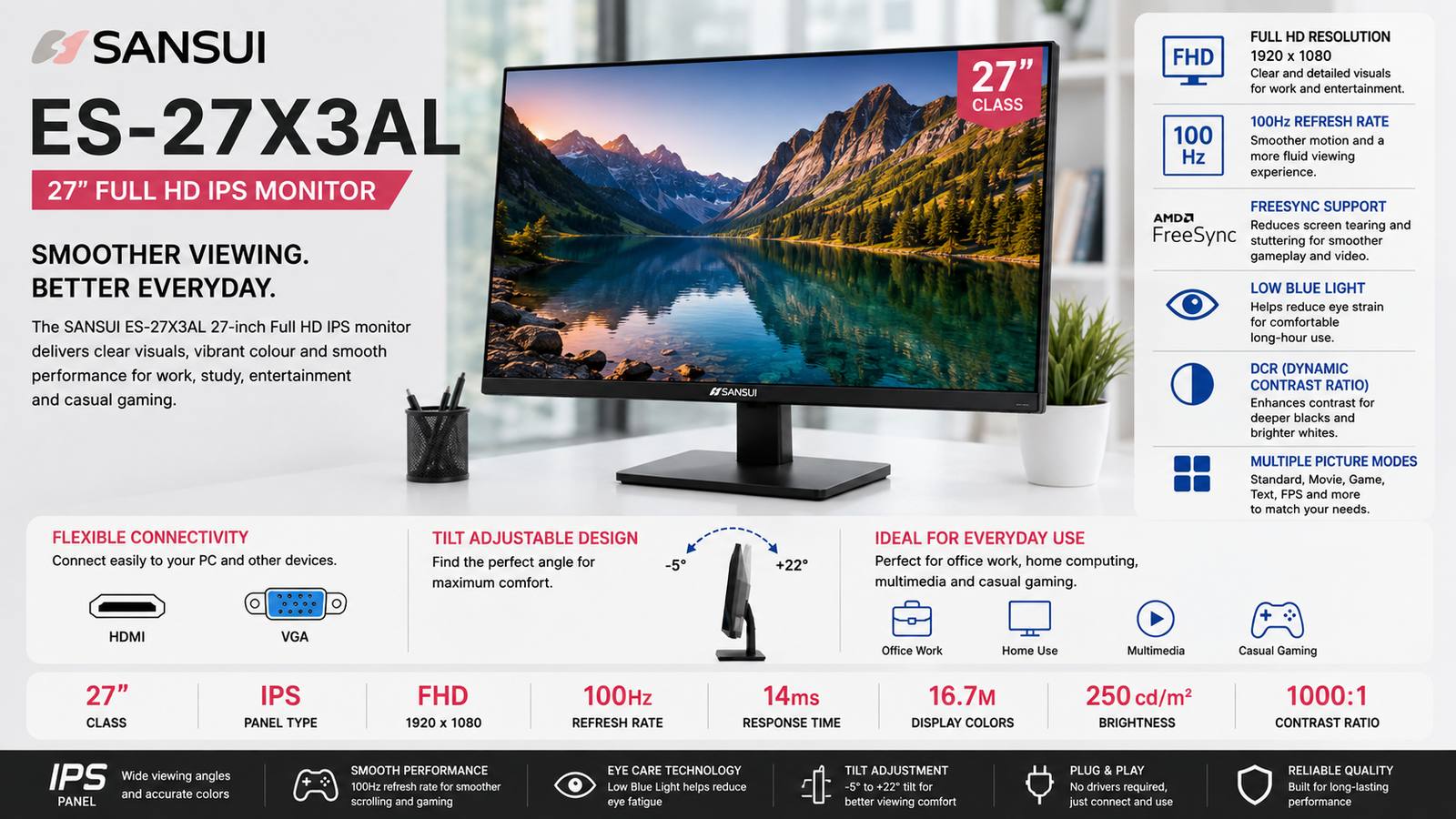 SANSUI ES-27X3AL, 27-inch X3AL Full HD IPS Monitor, 1080p, 100Hz, FreeSync, HDMI & VGA, Low Blue Light, Black, 3-Year Warranty | ES-27X3AL